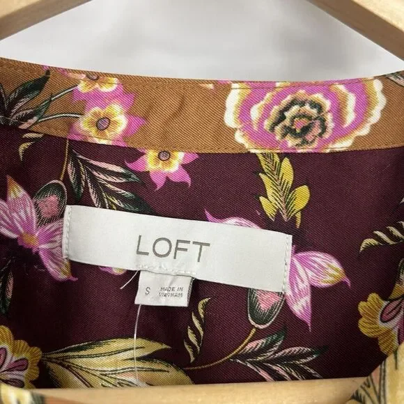 Loft Top Size Small Rust Mix Floral Print Long Sleeve Henley Top Puff Sleeve - Picture 4 of 10